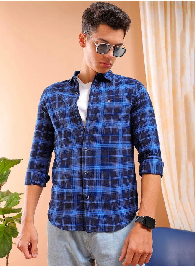 شركة المرآب الهندية Men Slim Fit Checkered Full Sleeves Cutaway Collar Casual Shirt