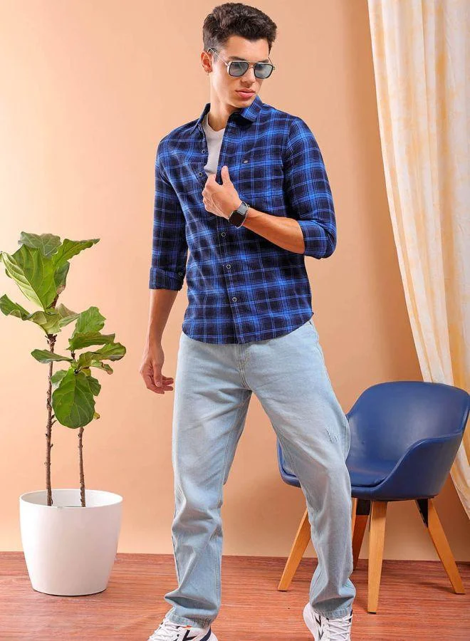 The Indian Garage Co Men Slim Fit Checkered Full Sleeves Cutaway Collar Casual Shirt
