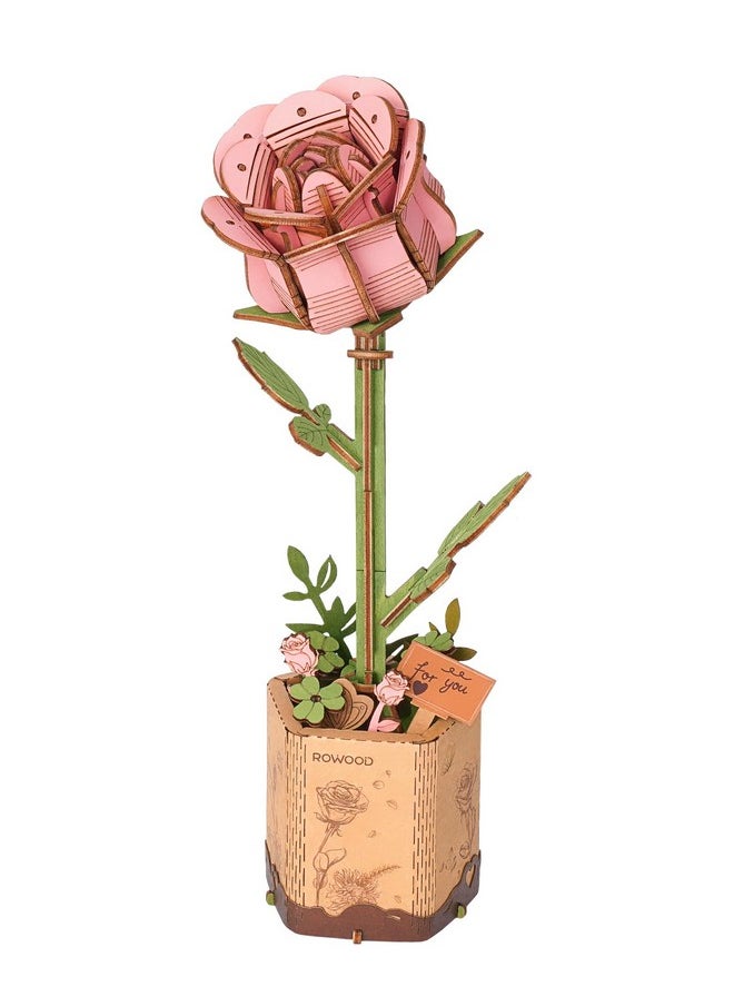 RoWood 3D Puzzle Artifical Flower,Wood Flower Building Toy Set Craft Kits For Women,Mother'S Day/Valentine'S Day/Teacher'S Day/Thanksgiving Day/Christmas/Birthday Gift -Pink Rose  - Image 1