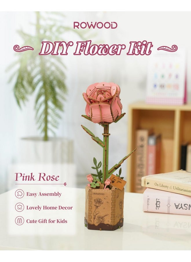 RoWood 3D Puzzle Artifical Flower,Wood Flower Building Toy Set Craft Kits For Women,Mother'S Day/Valentine'S Day/Teacher'S Day/Thanksgiving Day/Christmas/Birthday Gift -Pink Rose  - Image 2