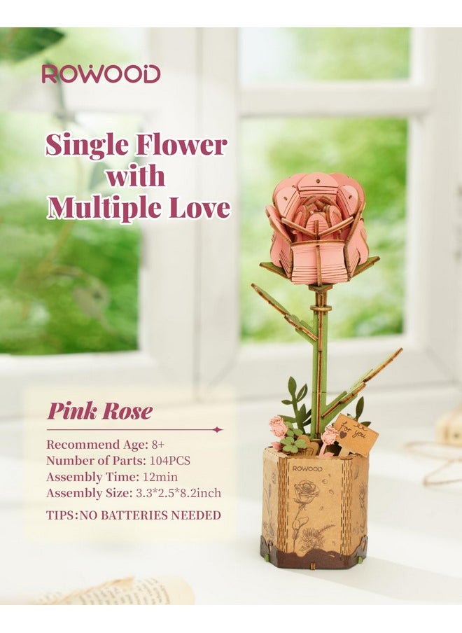 RoWood 3D Puzzle Artifical Flower,Wood Flower Building Toy Set Craft Kits For Women,Mother'S Day/Valentine'S Day/Teacher'S Day/Thanksgiving Day/Christmas/Birthday Gift -Pink Rose  - Image 3