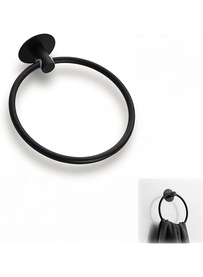 Black Adhesive Towel Ring, Rustproof Stainless Steel Wall Mount Hanger, No-Drill Bathroom Hand Towel Holder for Shower & Kitchen, Strong Stick On Storage Organizer