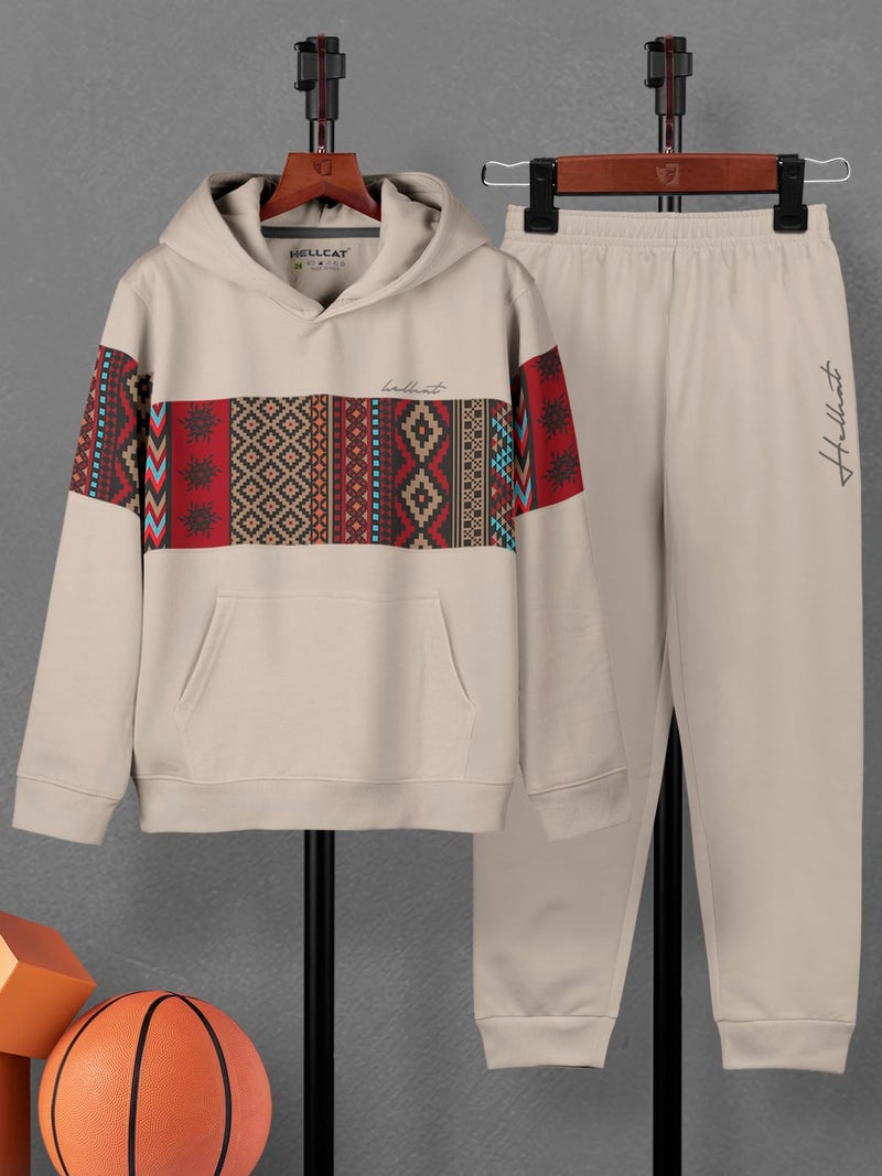 HELLCAT Trendy Printed Cotton Blend Hoodie T-Shirt Jogger Trackpant Clothing Set for Boys - Pack of 1 / Beige / 3-4 Years - Image 2