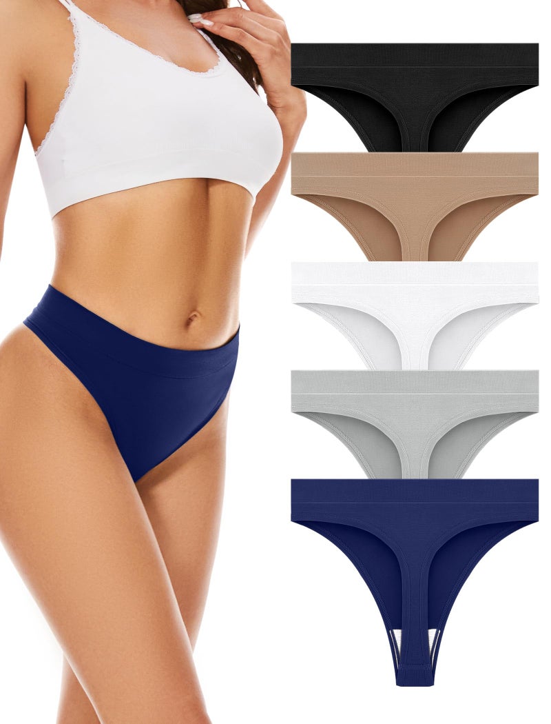 voenxe Seamless Womens Thong Underwear,High Waisted Tanga Woman No Show Panties,Breathable Workout Comfortable Undies,5 Pack Basic - Image 1