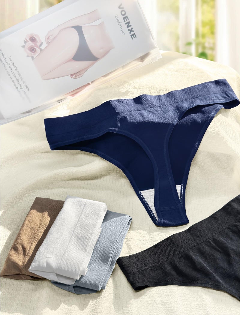 voenxe Seamless Womens Thong Underwear,High Waisted Tanga Woman No Show Panties,Breathable Workout Comfortable Undies,5 Pack Basic - Image 3