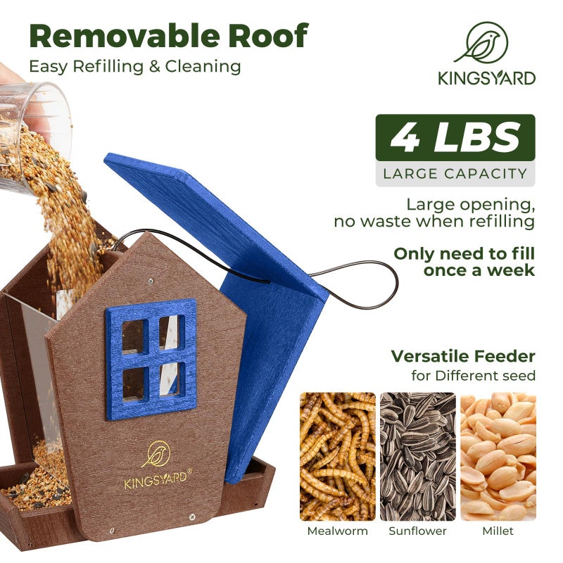 Kingsyard 4 lbs Large Bird Feeder House for Outdoors Hanging, WPC Composite Bird Feeder Hopper with Weatherproof Roof & Capacity Tray for Cardinal Bluebird, Garden Yard Outside Decor, Blue - Image 3