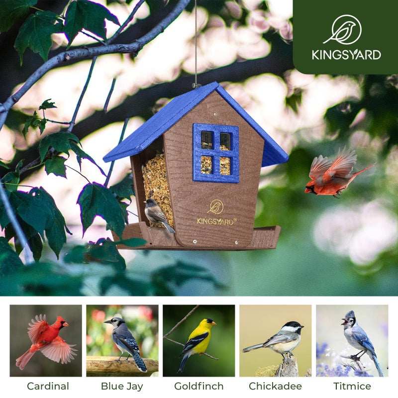 Kingsyard 4 lbs Large Bird Feeder House for Outdoors Hanging, WPC Composite Bird Feeder Hopper with Weatherproof Roof & Capacity Tray for Cardinal Bluebird, Garden Yard Outside Decor, Blue - Image 2