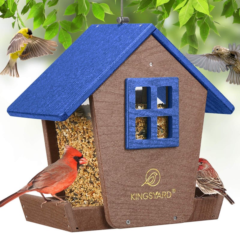 Kingsyard 4 lbs Large Bird Feeder House for Outdoors Hanging, WPC Composite Bird Feeder Hopper with Weatherproof Roof & Capacity Tray for Cardinal Bluebird, Garden Yard Outside Decor, Blue - Image 1