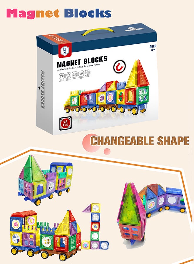 DEZHI 72 قطعة من بلاط النوافذ المغناطيسية الملونة مع 4 سيارات، تصميم قطار، ألغاز مغناطيسية ثلاثية الأبعاد، بناء وتعلم تعليمية مغناطيسية لبناء عقل الطفل - Image 1