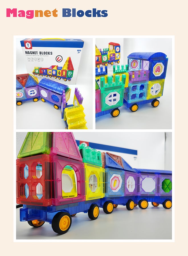 DEZHI 72 قطعة من بلاط النوافذ المغناطيسية الملونة مع 4 سيارات، تصميم قطار، ألغاز مغناطيسية ثلاثية الأبعاد، بناء وتعلم تعليمية مغناطيسية لبناء عقل الطفل - Image 2