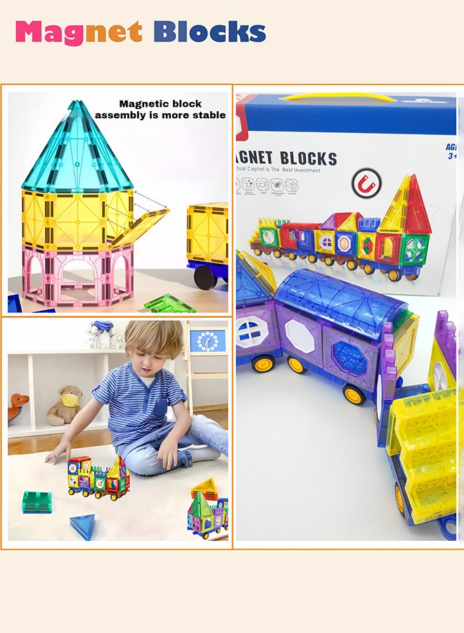 DEZHI 72 قطعة من بلاط النوافذ المغناطيسية الملونة مع 4 سيارات، تصميم قطار، ألغاز مغناطيسية ثلاثية الأبعاد، بناء وتعلم تعليمية مغناطيسية لبناء عقل الطفل - Image 4