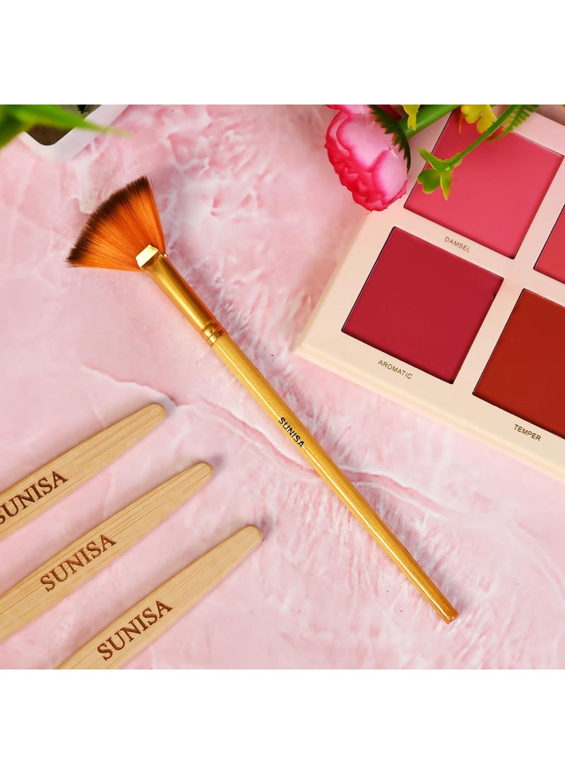 SUNISA Sunisa Professional Fan Brush For Face Highlighting Precise Synthetic Brushes Feather Soft Touch Perfect For Highlighting Golden Bamboo Handle  - Image 4