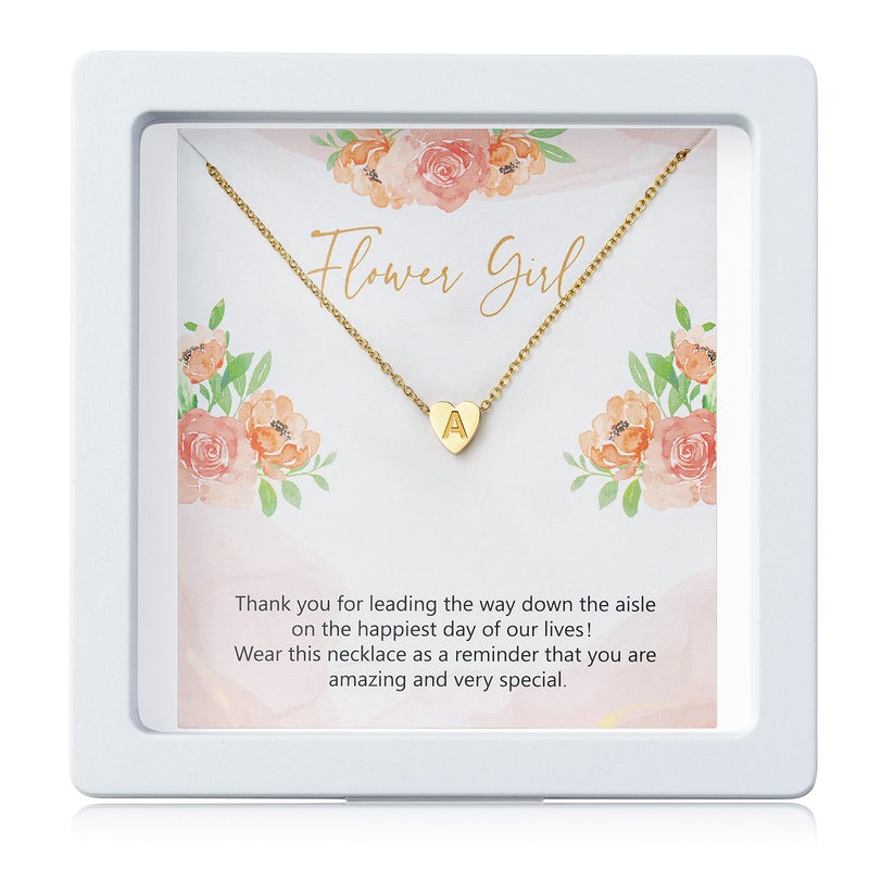 OSNIE Flower Girl A Alphabet Pendant Necklace 14K Gold Plated Tiny Capital Letter Initial Heart Pendant Necklace Wedding Day Thank You for Being My Flower Girls Jewelry Gifts Proposal from Bride - Image 1