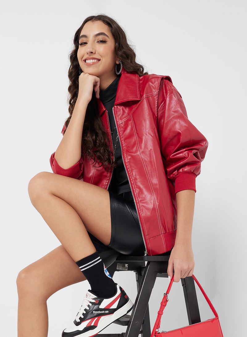 Ginger Oversize PU Leather Jacket with Contrast Seam Deta - Image 1