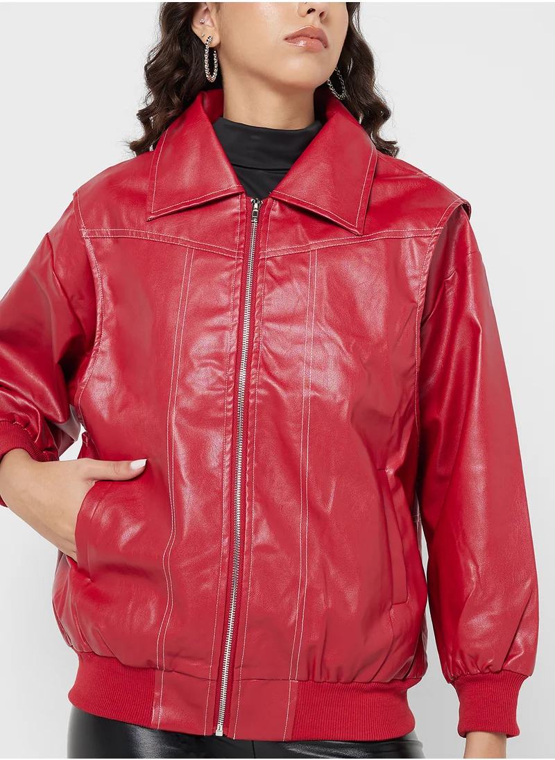 Ginger Oversize PU Leather Jacket with Contrast Seam Deta
