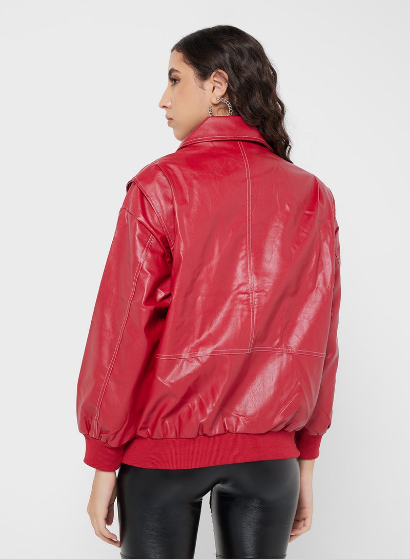 Ginger Oversize PU Leather Jacket with Contrast Seam Deta - Image 2