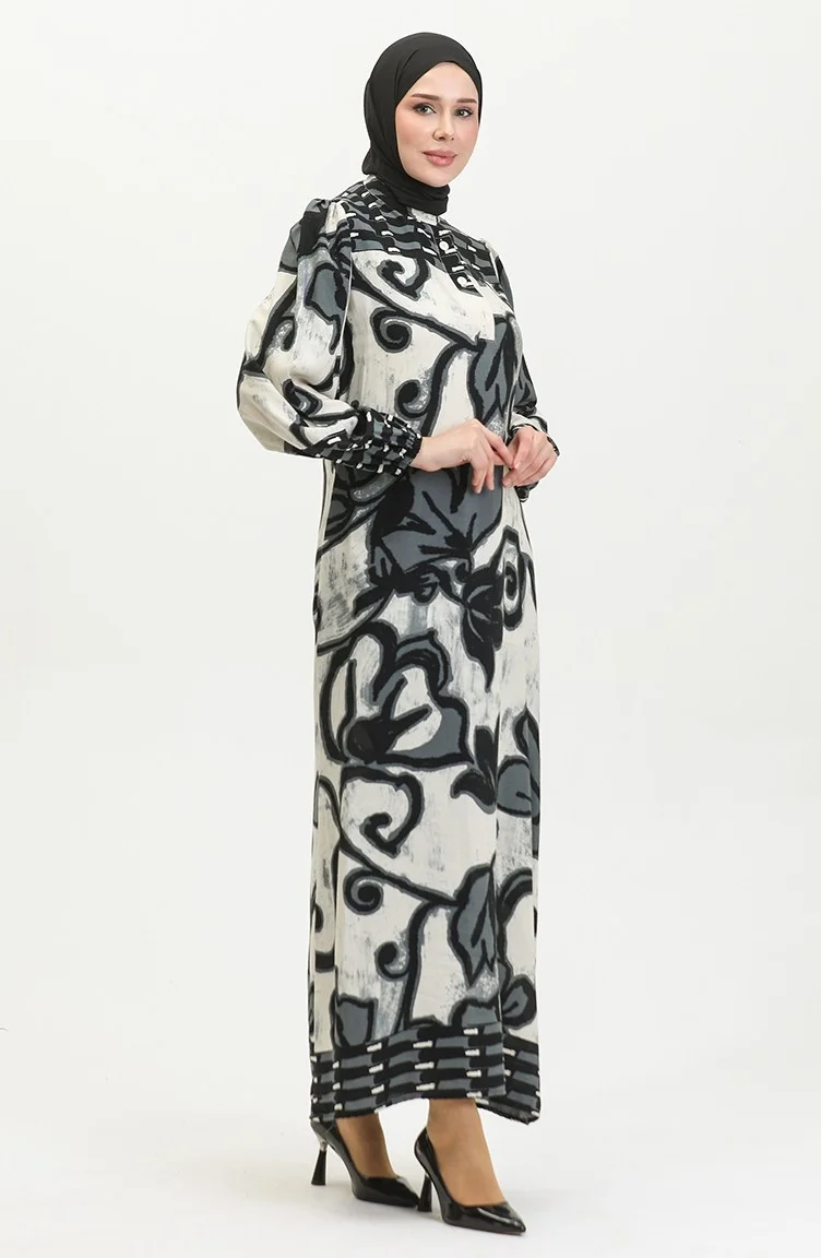 Sefa Merve Viscose Color Garnished Half Buttoned Dress 0396-04 Anthracite Beige