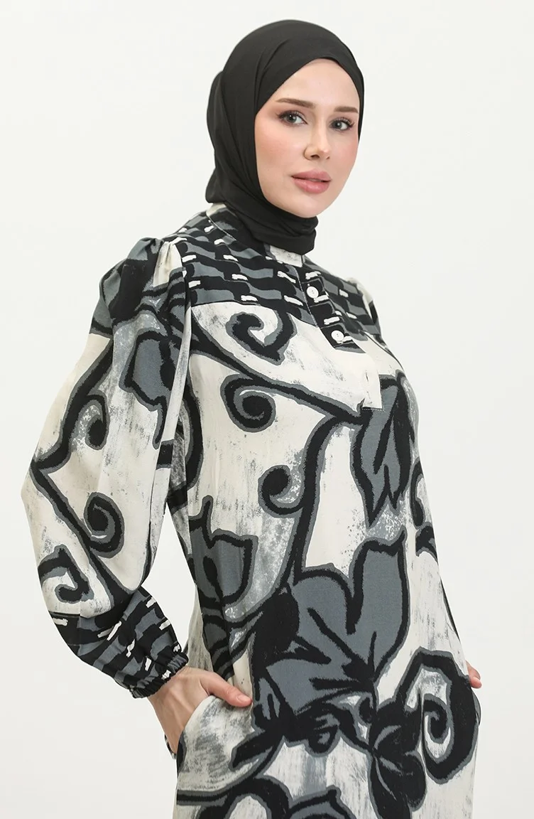 Sefa Merve Viscose Color Garnished Half Buttoned Dress 0396-04 Anthracite Beige