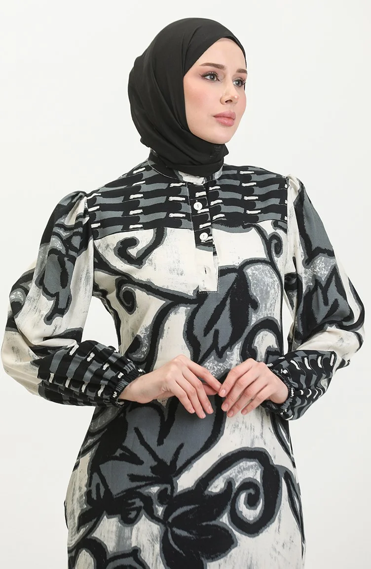 Sefa Merve Viscose Color Garnished Half Buttoned Dress 0396-04 Anthracite Beige
