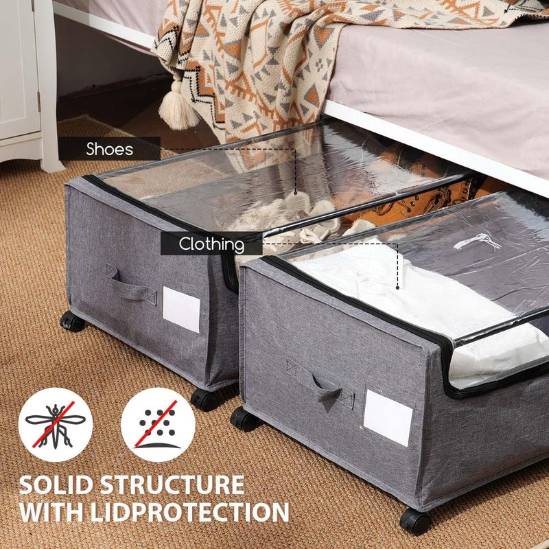 FOUCSSOMEI Under Bed Storage with Wheels, Rolling Under bed Storage with Metal Frame, Under Bed Shoe Storage for Space Saving, Zippered Clear Lid, Heavy-Duty Steel Base for Clothes,4XL 90L - Image 4