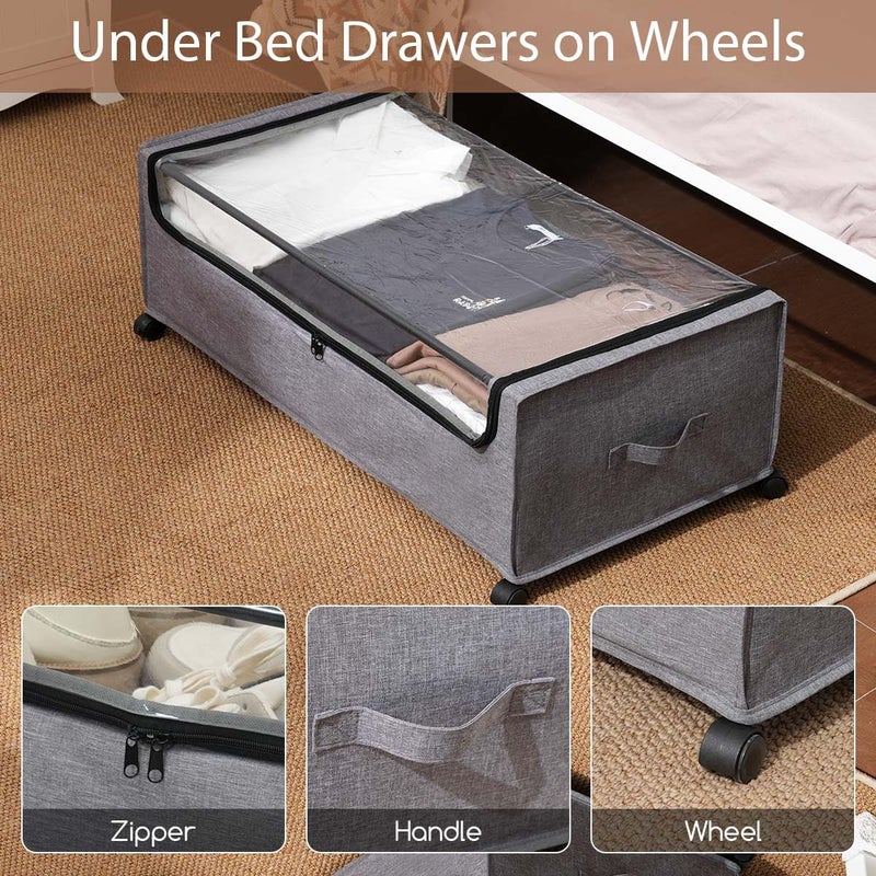 FOUCSSOMEI Under Bed Storage with Wheels, Rolling Under bed Storage with Metal Frame, Under Bed Shoe Storage for Space Saving, Zippered Clear Lid, Heavy-Duty Steel Base for Clothes,4XL 90L - Image 3