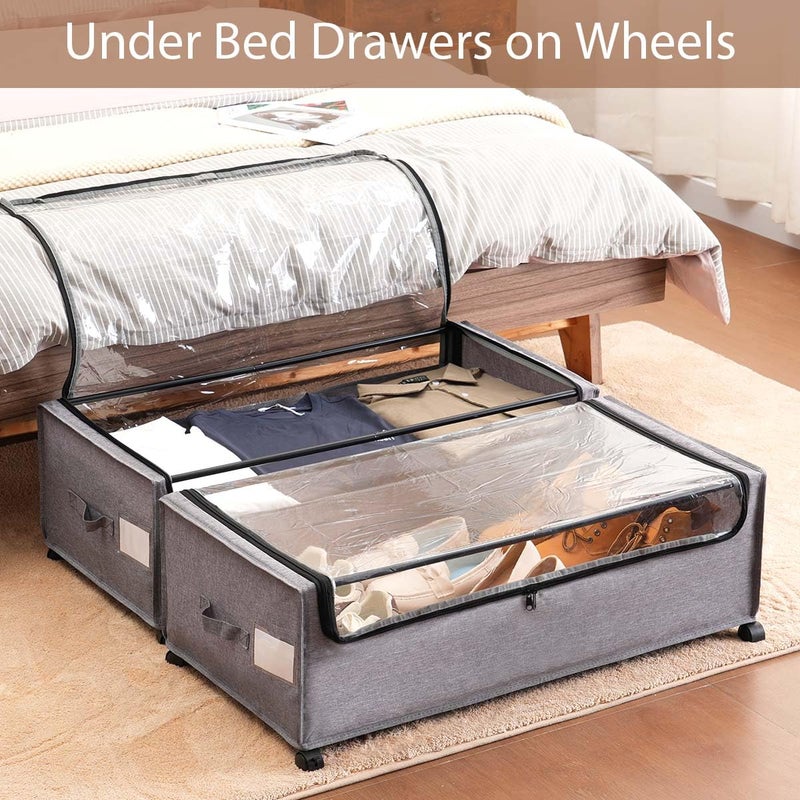 FOUCSSOMEI Under Bed Storage with Wheels, Rolling Under bed Storage with Metal Frame, Under Bed Shoe Storage for Space Saving, Zippered Clear Lid, Heavy-Duty Steel Base for Clothes,4XL 90L - Image 2