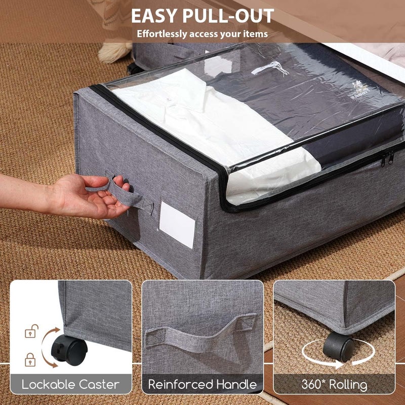 FOUCSSOMEI Under Bed Storage with Wheels, Rolling Under bed Storage with Metal Frame, Under Bed Shoe Storage for Space Saving, Zippered Clear Lid, Heavy-Duty Steel Base for Clothes,4XL 90L - Image 5