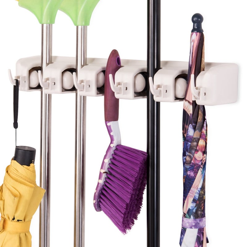 Tangkula Tangkula Wall Mount Mop Broom Holder Hanging Broom Organizer w 5 Slots  6 Hooks Home Storage Organizer Rack Hanging Utility Rack for Home Kitchen Garage Laundry White 