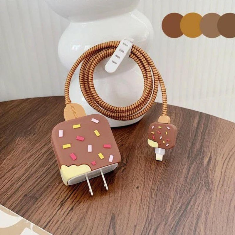 Like Star غطاء واقي بتصميم كرتوني ثلاثي الأبعاد من السيليكون متوافق مع شاحن سامسونج جالاكسي 25 واط USB-C، غطاء واقي لنمط لطيف 360° حماية كاملة 4 في 1 (بني مثلج) - Image 2