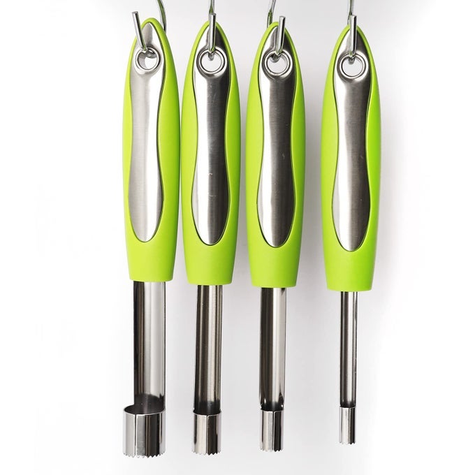 APPLE CORER SET OF 4 SIZES CORER AND PITTER WITH COMFORTABLE RUBBER HANDLE FOR FRUIT VEGETABLES APPLES PEARS CHERRIES JUJUBES AND RED DATES