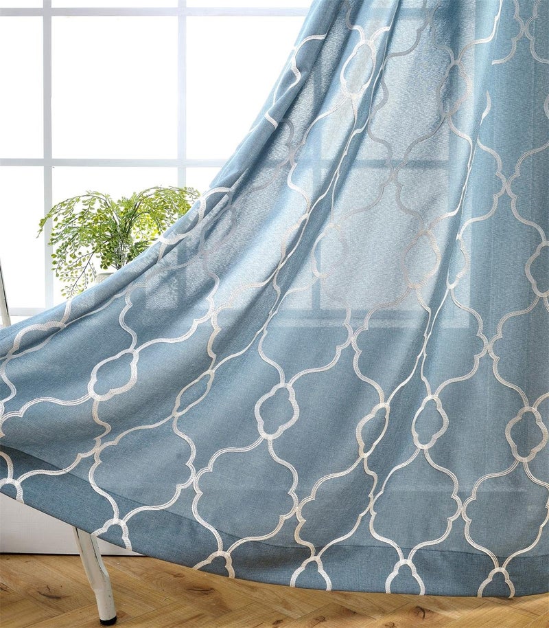 MIUCO Moroccan Embroidery Semi Sheer Curtains Faux Linen Grommet Curtains for Bedroom 52 x 63 Inch 2 Panels Dusty Blue - Image 1