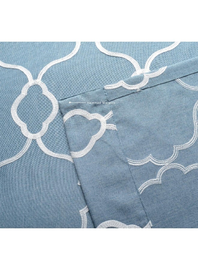 MIUCO Moroccan Embroidery Semi Sheer Curtains Faux Linen Grommet Curtains for Bedroom 52 x 63 Inch 2 Panels Dusty Blue - Image 3