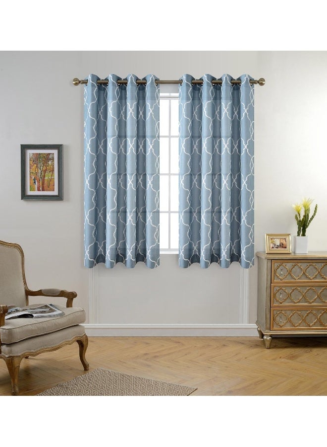 MIUCO Moroccan Embroidery Semi Sheer Curtains Faux Linen Grommet Curtains for Bedroom 52 x 63 Inch 2 Panels Dusty Blue - Image 5