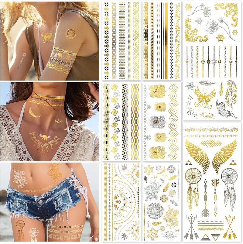 تاتو مؤقت معدني ذهبي HOWAF 8 ورقات تاتو مؤقتة للنساء والفتيات ورق ماندالا دانتيل تاتو لامع ملصقات تاتو مهرجان تاتو فلاش تاتو مزيف مقاوم للماء فن الجسم