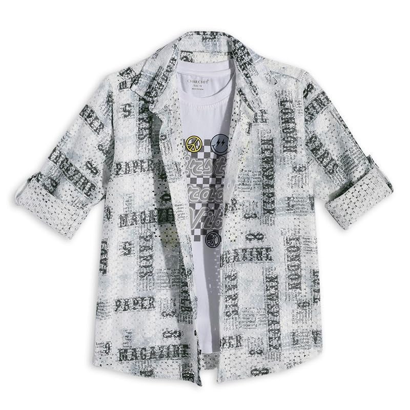 CHARCHIT Boys Cotton Blend Full Sleeves Typographic Printed Casual Shirt & T-Shirt - Image 3