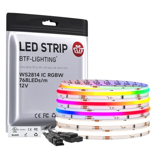 BTF-LIGHTING FCOB COB LED Strip Light, WS2814 Smart IC RGBW 4000K Color Chasing Light, UL Listed DC12V 16.4FT 784LEDs/m High Density 10mm Width for Home Party DIY Decor(No Adapter or Controller) - Image 1
