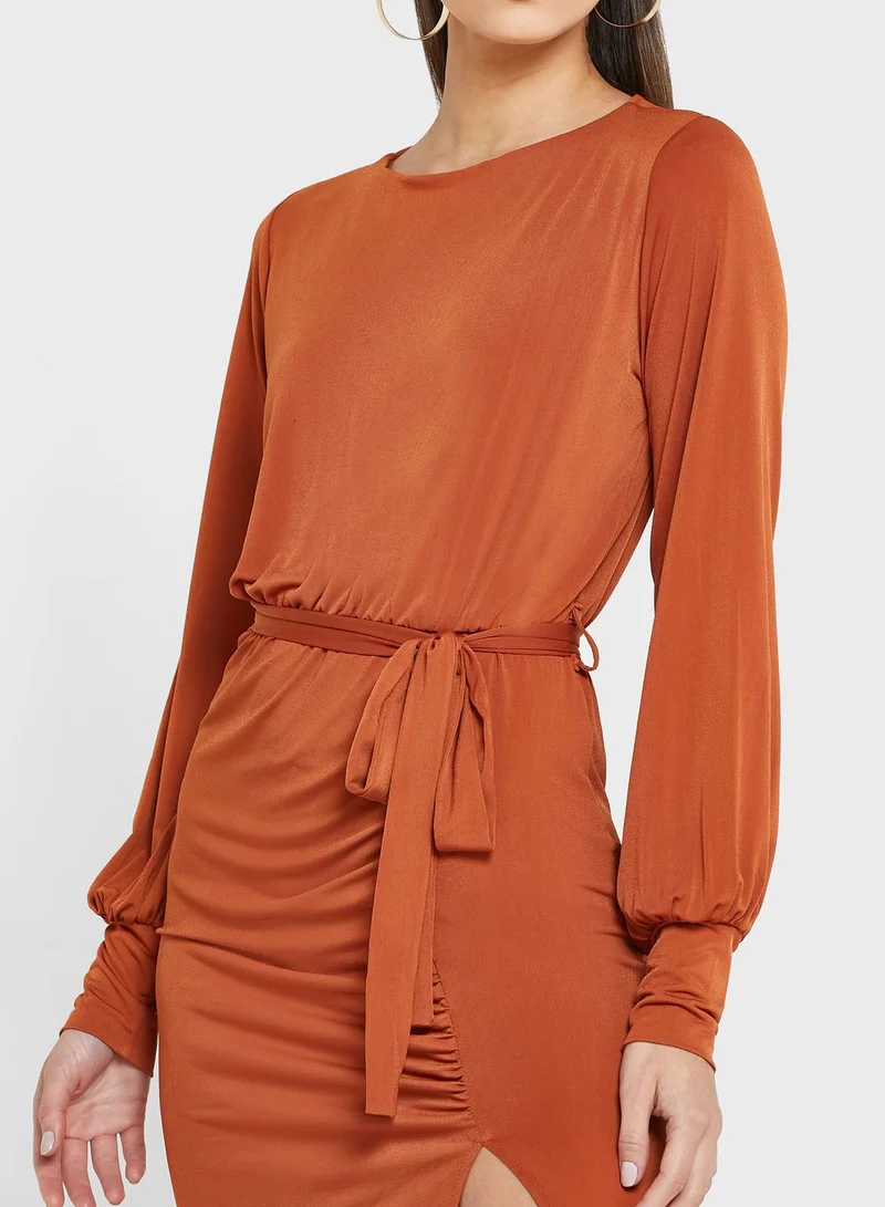 John Zack Belted Sleeve Midi Dress