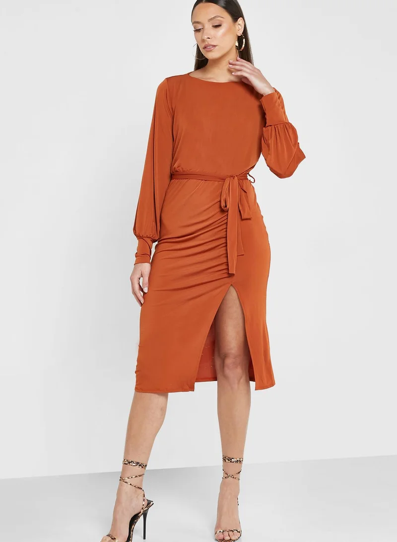 John Zack Belted Sleeve Midi Dress
