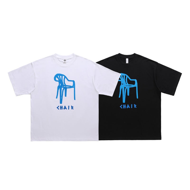 Lawfoo National Tide American Street Crooked Chair Printed Round Neck Shoulder Loosen Couple T-Shirt Tide - Image 2