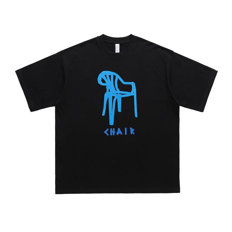 Lawfoo National Tide American Street Crooked Chair Printed Round Neck Shoulder Loosen Couple T-Shirt Tide - Image 1