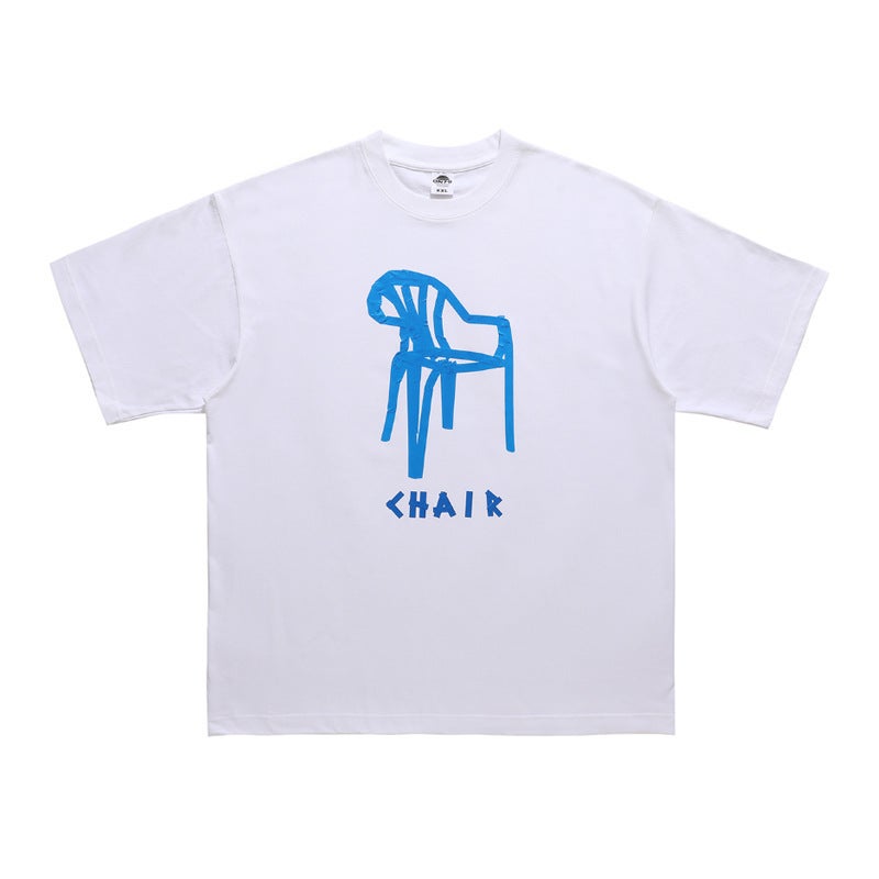 Lawfoo National Tide American Street Crooked Chair Printed Round Neck Shoulder Loosen Couple T-Shirt Tide - Image 3