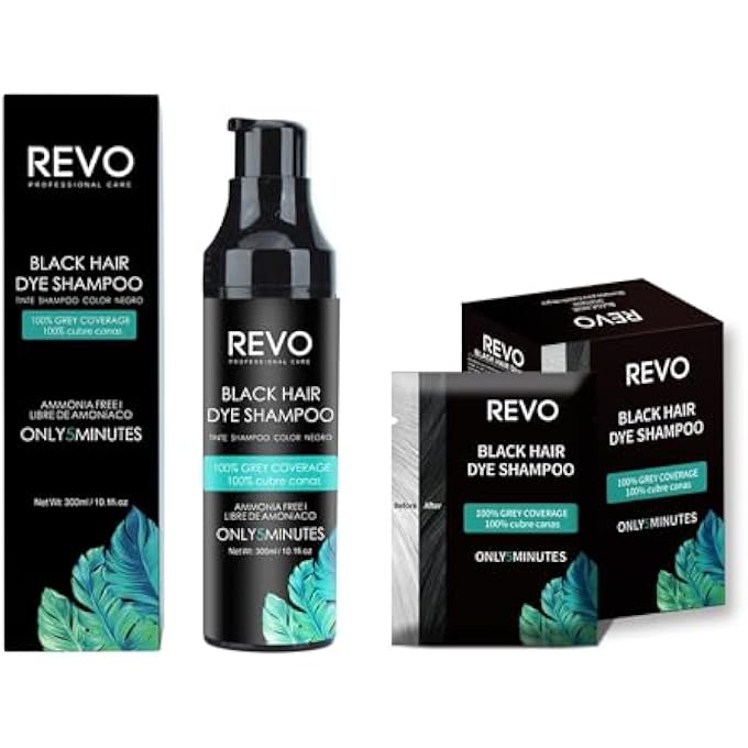 REVO Hair Dye Shampoo Home & Travel Bundle (300ml Bottle & 10 Packets x 25ml) â€“ Natural Herbal 3-in-1 Permanent Gray Coverage Kit for Men & Women - BLACK