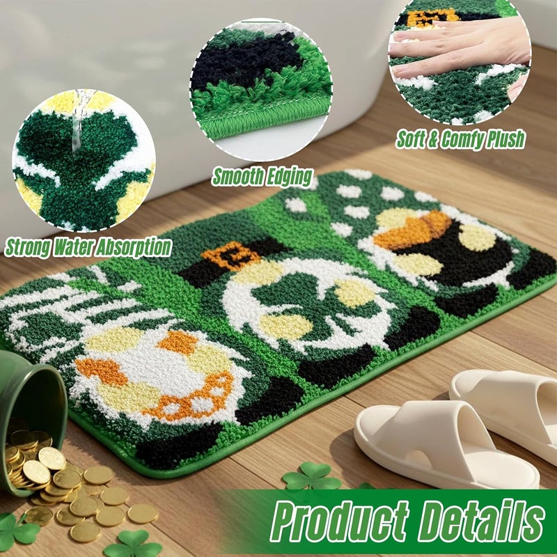 St Patricks Day Bathroom Rug Lucky Green Shamrocks Rugs Washable Irish Four Leaf Non Slip Mat Soft Cashmere St Patricks Day Rug for Bathroom Living Room Kitchen Decorations - Image 2