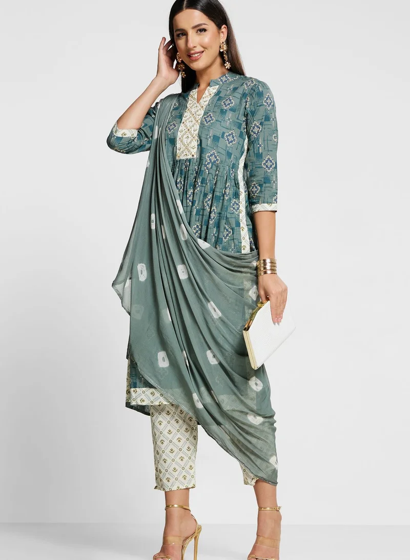 indya V-Neck Printed Kurti & Pants Set