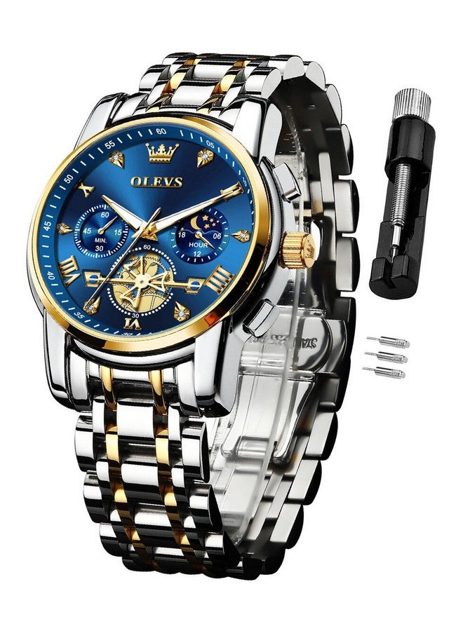OLEVS Watch for Men Skeleton Analog Quartz Chronograph Diamond Watches Two Tone Stainless Steel Moon Phase Calendar Waterproof Wrist Watch Two Tone&Gold Blue - Image 1