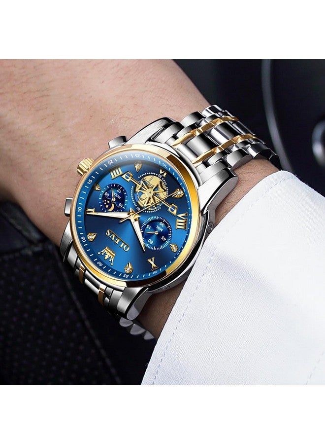 OLEVS Watch for Men Skeleton Analog Quartz Chronograph Diamond Watches Two Tone Stainless Steel Moon Phase Calendar Waterproof Wrist Watch Two Tone&Gold Blue - Image 5