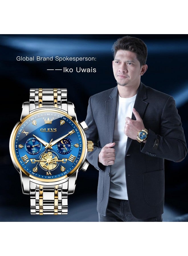 OLEVS Watch for Men Skeleton Analog Quartz Chronograph Diamond Watches Two Tone Stainless Steel Moon Phase Calendar Waterproof Wrist Watch Two Tone&Gold Blue - Image 2