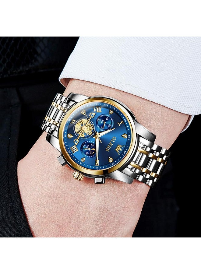 OLEVS Watch for Men Skeleton Analog Quartz Chronograph Diamond Watches Two Tone Stainless Steel Moon Phase Calendar Waterproof Wrist Watch Two Tone&Gold Blue - Image 4