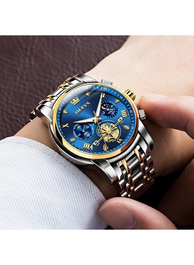 OLEVS Watch for Men Skeleton Analog Quartz Chronograph Diamond Watches Two Tone Stainless Steel Moon Phase Calendar Waterproof Wrist Watch Two Tone&Gold Blue - Image 3