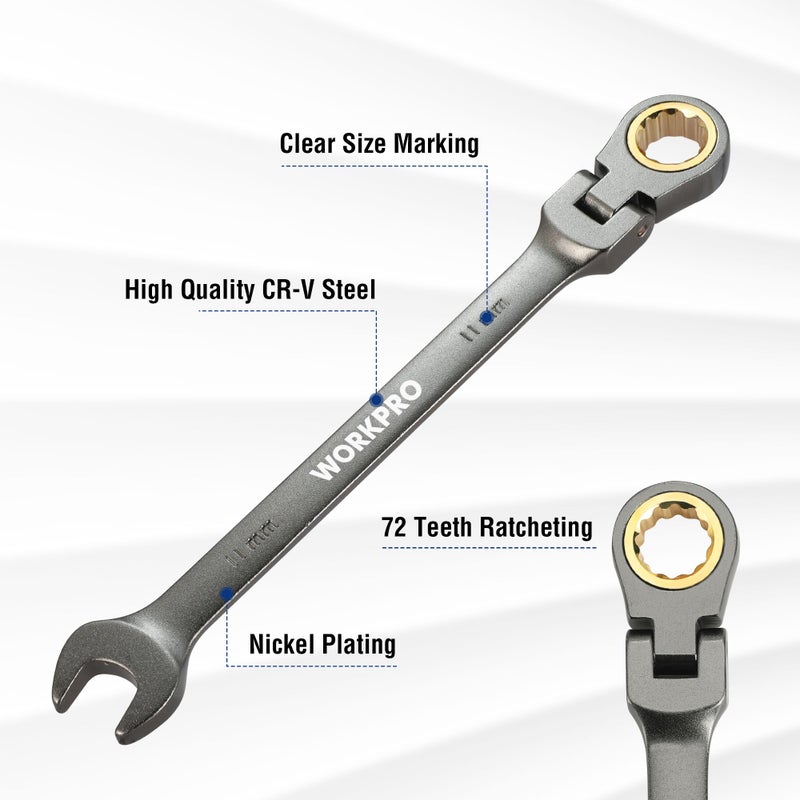 WORKPRO 11 mm Flex-Head Ratcheting Combination Wrench, Cr-V Constructed, Nickel Plating, 72-Tooth, 12 Point Design, Metric - Image 2